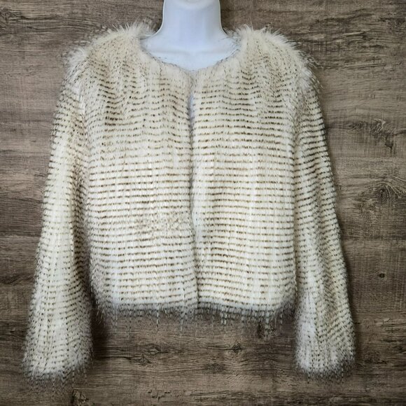 Elegant Faux Fox Fur Waist Length Coat Womens SM Chic Cream Brown Wait For You! - Picture 1 of 16
